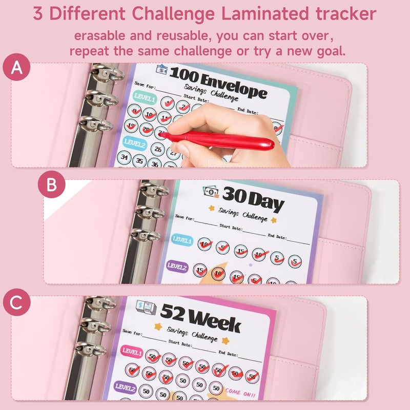 VAZOCA 2 Pack 100 Envelopes Money Saving Challenge, Cash Budget Planner A5 Binder, Savings Challenges Book Organizer Folder, with 3 Tracker to Save $5,050 and $2,600, $300, 100 Pre-numbered Pockets, Red & Pink - Image 4